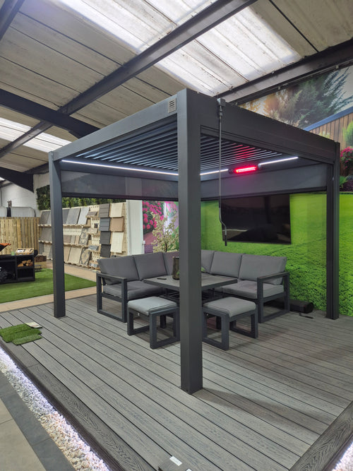 3m x 3m Aluminium Pergola with Retractable Blinds, LED Lighting & Heater