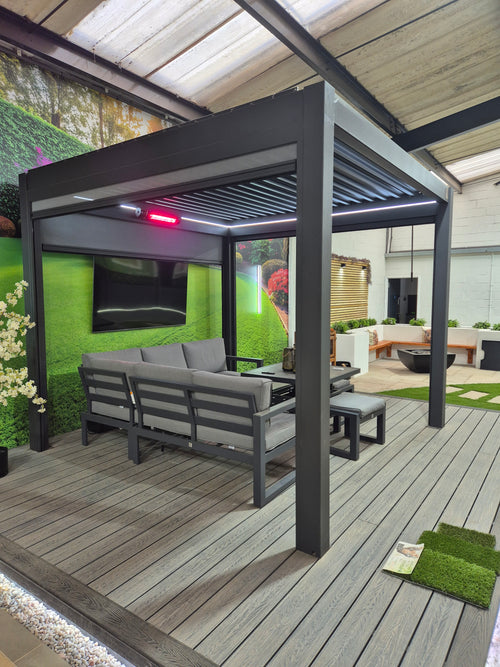 3m x 3m Aluminium Pergola with Retractable Blinds, LED Lighting & Heater