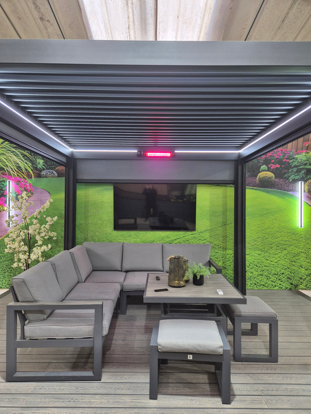 3m x 3m Aluminium Pergola with Retractable Blinds, LED Lighting & Heater