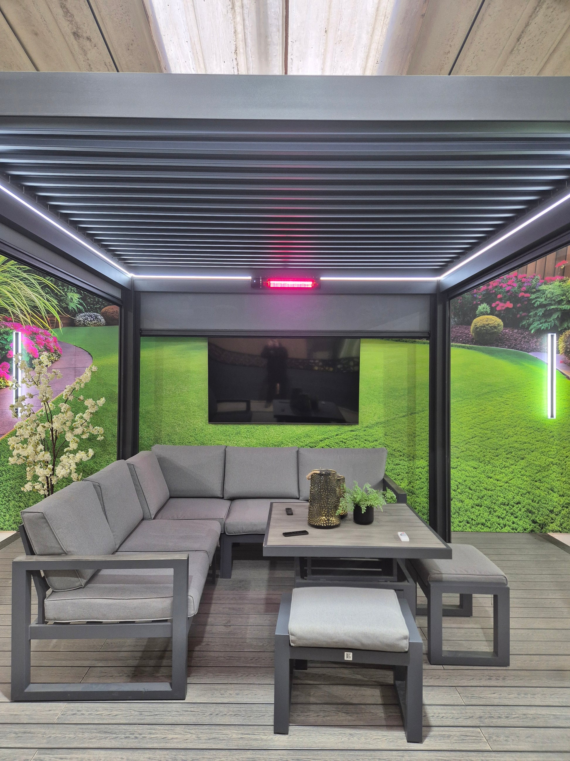 3m x 3m Aluminium Pergola with Retractable Blinds, LED Lighting & Heater